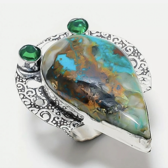 New Oversized Chrysocolla & Diopside 925 Silver Statement Ring. - Picture 14 of 14